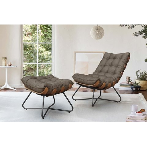 Poltrona Costela Decorativa com Puff Madeira Eva Preto -marrom