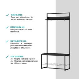 Estante Cabideiro Carraro Tubo e Banco Preto Fosco - 4
