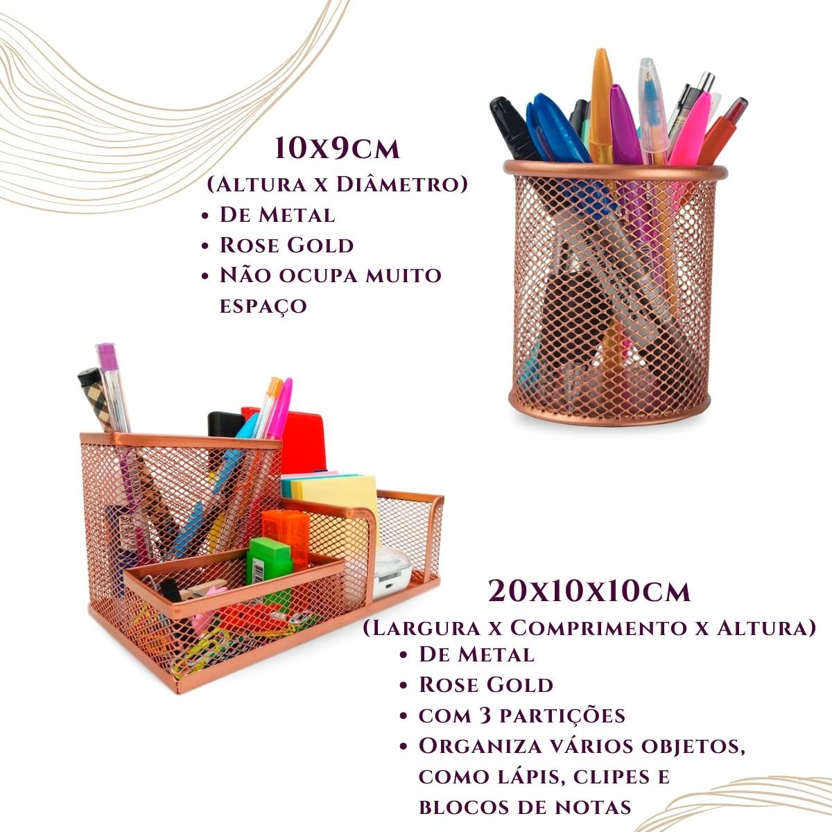 Porta Caneta Treco Lápis Post It Multiuso Home Office Luxo - Kit 2 Rose Gold - 3