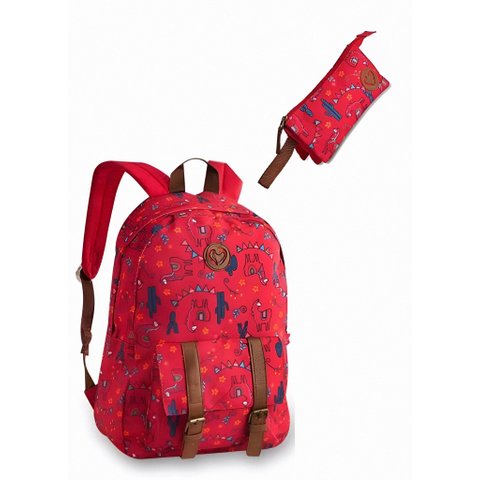 Kit Escolar Juvenil Clio Mochila Lhamma e Cactos + Estojo:azul/único/feminino/acessórios