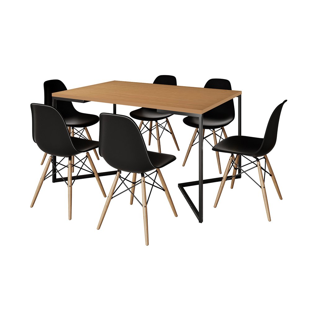 Mesa Jantar Industrial Retangular Canela 137x90cm Base V Ferro Preto com 6 Cadeiras Preta Eames Made - 2