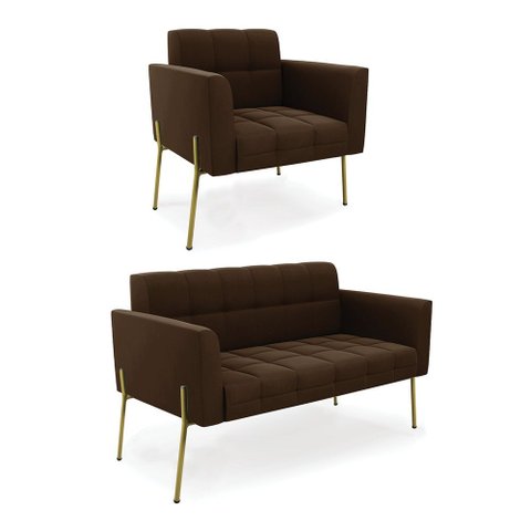 Sofá Namoradeira e Poltrona Pé de Ferro Dourado Elisa Suede D03 - D’Rossi