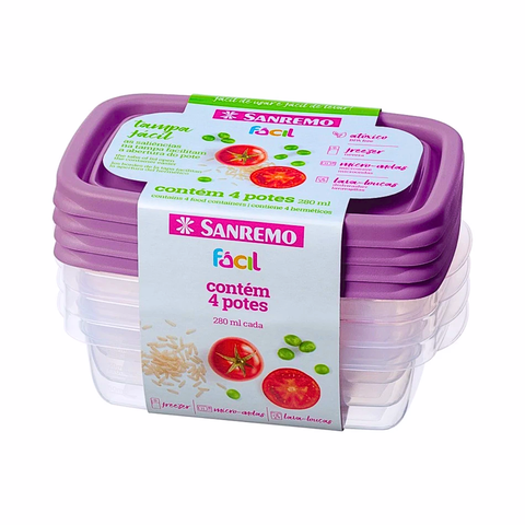 Conjunto 4 Potes Rosa Plástico Sanremo 280ml