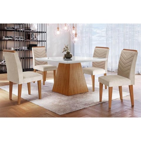 Sala de Jantar Completa Luna C- Tampo Madeirado C- Vidro Canto Curvo 90x90cm e 4 Cadeiras Londrina