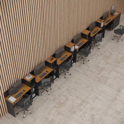 Conjunto de Escritório Smart 5 Livreiro 1 Buffet e 6 Mesas 90cm - Preto e Cedro
