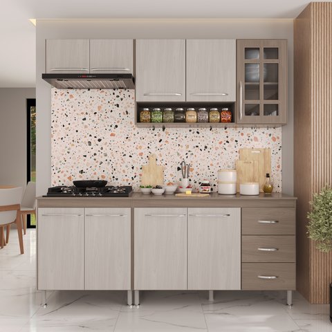 Armário de Cozinha Modulada Compacta Fidelitá Paris 4 Peças 190cm 9 Portas 3 Gavetas com Tampo