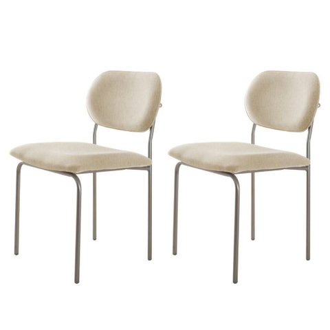 Conjunto com 2 Cadeiras Metal Marchezine Moderna Mobilia Linho Off White Prata