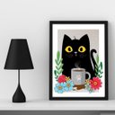 Ver imagem 1 de Quadro Decorativo Gato com Caneca de café 33x24cm - com Vidro:madeira Branca