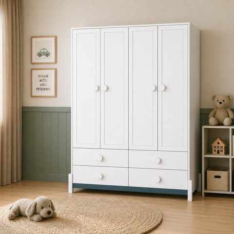 Armário para Quarto Infantil 4 Portas e 4 Gavetas Luna Branco/Neve/Azul Petroleo