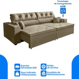 Sofá 5 Lugares Smart 3,02 Metros Castor Retrátil, Reclinável Tecnologia Carregamento 3 portas USB -  - 5