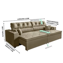 Sofá 5 Lugares Smart 3,02 Metros Castor Retrátil, Reclinável Tecnologia Carregamento 3 portas USB -  - 4