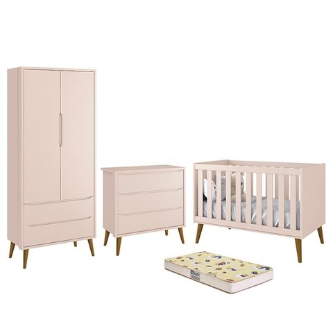 Dormitório Infantil Theo Retrô 2 Portas, Cômoda, Berço Rosa com Pés Amadeirado e Colchão D18 - Relle