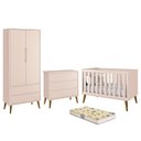Ver imagem 1 de Dormitório Infantil Theo Retrô 2 Portas, Cômoda, Berço Rosa com Pés Amadeirado e Colchão D18 - Relle