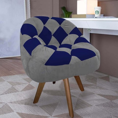 Poltrona Paloma Escritório Sala Giratória Madeira Suede Cinza e Suede Azul Marinho - Dominic Decor