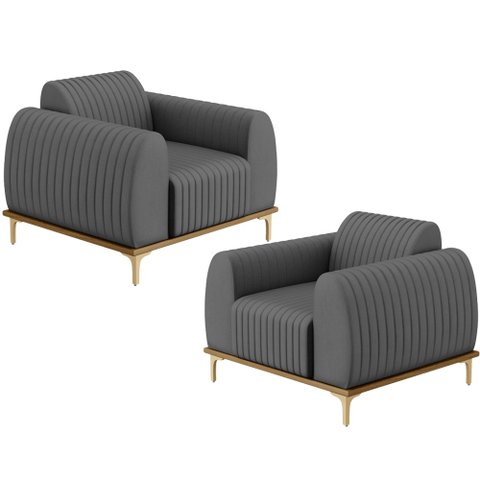 Kit 02 Poltronas Decorativas Base De Madeira e Pés D'Ouro Molino D02 Veludo Cinza C-317 - Lyam