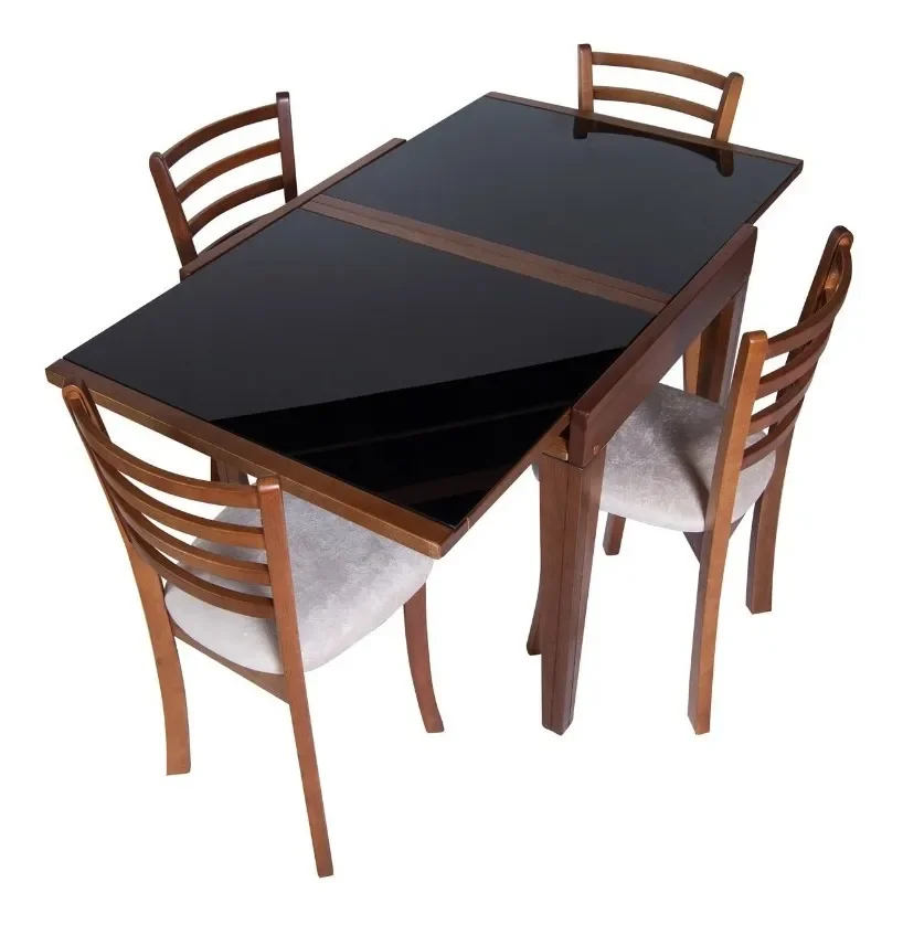 Ver imagem 1 de Mesa de Jantar Cozinha Extensível 4 Cadeiras Madeira Maciça E Vidro Preto