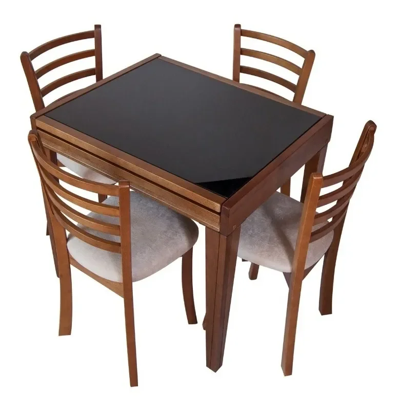 Ver imagem 2 de Mesa de Jantar Cozinha Extensível 4 Cadeiras Madeira Maciça E Vidro Preto