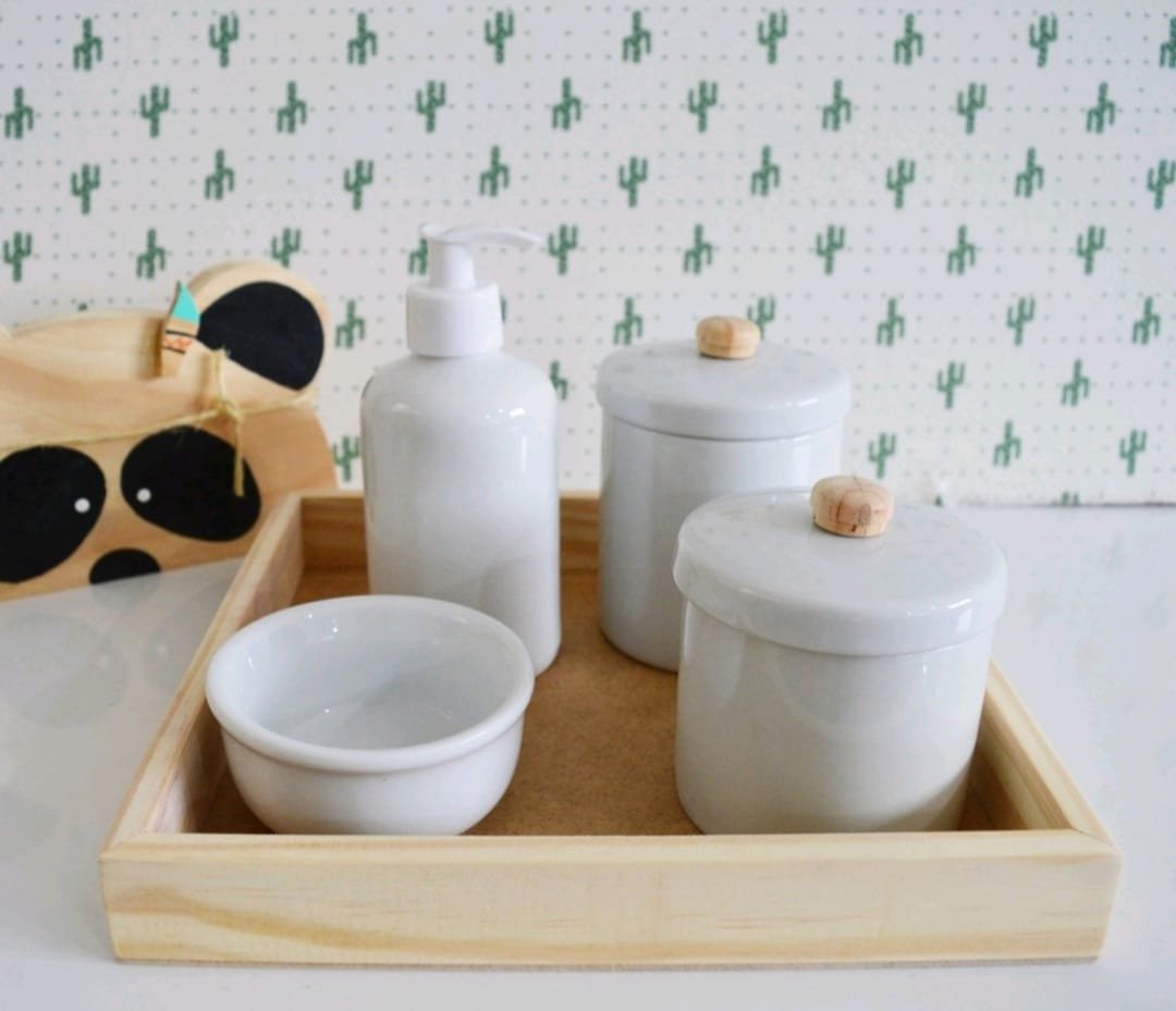 Kit Higiene Bebê Porcelana Limpeza Maternidade Montessori + Bandeja Pinus - 1