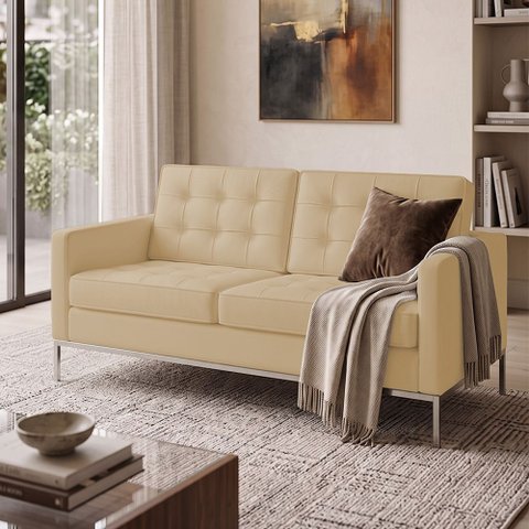 Sofá Fk 2 Lugares Couro Sintético Linha Premium Design Modernista Sala Recepção Alto Padrão - Bege