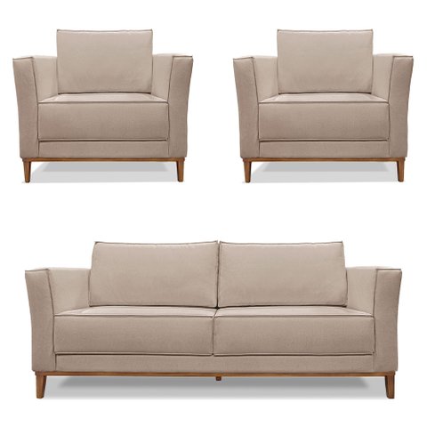 Kit 2 Poltronas e Sofá Living 2 Lugares 1,90m Vega Linho Areia Pés Castanho - Pallazio