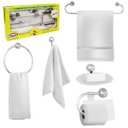 Ver imagem 1 de Assento Tampa Vaso Sanitário Oval Almofadado Branco + Kit Para Banheiro 5 Peças Cromado