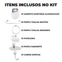 Ver imagem 2 de Assento Tampa Vaso Sanitário Oval Almofadado Branco + Kit Para Banheiro 5 Peças Cromado