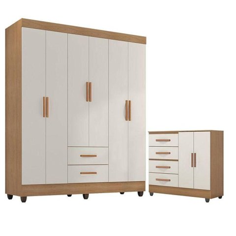 Guarda Roupa Casal 6 Portas e Cômoda 4 Gavetas 2 Portas Lite Nature Off White - Móveis Leão