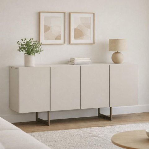 Aparador Buffet para Sala de Jantar 4 Portas 160cm Pés Industrial Benita N01 Off White Champanhe -
