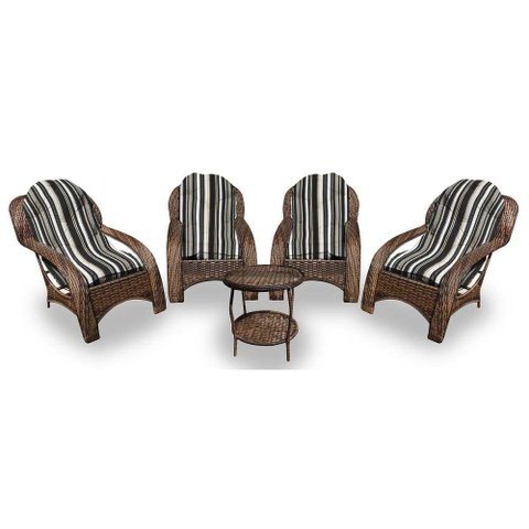Conjunto de Poltronas Fibra Sintética Espreguiçadeira - 4 Poltronas + 1 Mesa Centro - Tecido Illiman