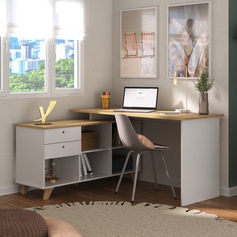 Escrivaninha Retrô em L Mesa Escritório e Home Office com e Gold 2 Gavetas 5 Nichos 145cm Branco Art