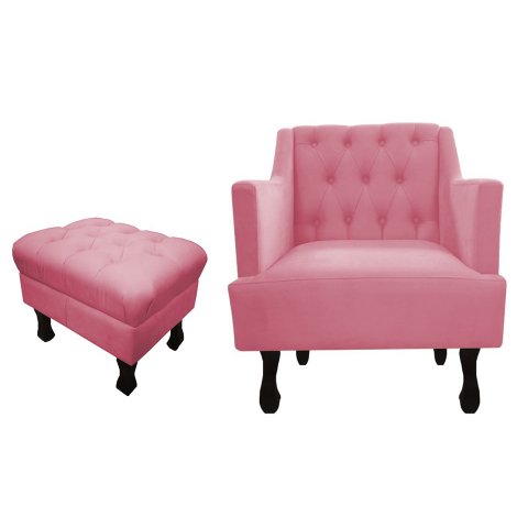 Kit Poltrona Decorativa Julia + Puff Luis Xv Suede Rosa Pés Madeira Ms Decor