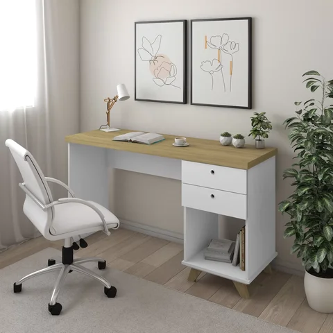 Escrivaninha Mesa Escritório Retrô Sky Home Office 2 Gavetas 135cm Olmo E Branco