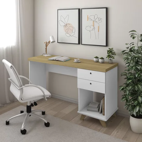 Escrivaninha Mesa Escritório Retrô Sky Home Office 2 Gavetas 135cm Olmo E Branco