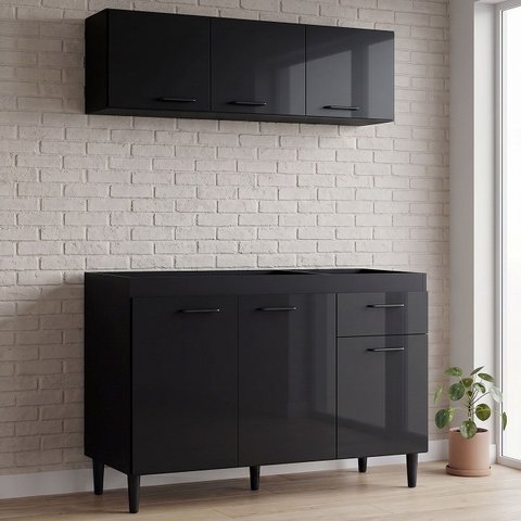 Armário Aéreo com Balcão Gabinete de Pia 120cm sem Tampo Classic P11 Preto - Mpozenato