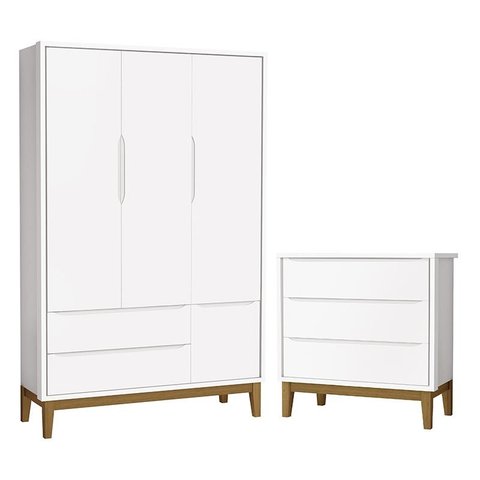 Jogo de Quarto Infantil Guarda Roupa 3 Portas e Cômoda 3 Gavetas Classic Branco Fosco com Pés Amadei