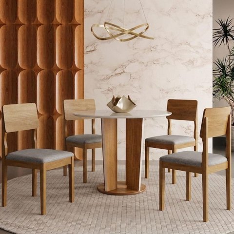 Mesa de Jantar Ana 135cm Redonda VIDRO18MM Cinamomo Off White com Kit 4 Cadeiaras Ana Linho Prata - 