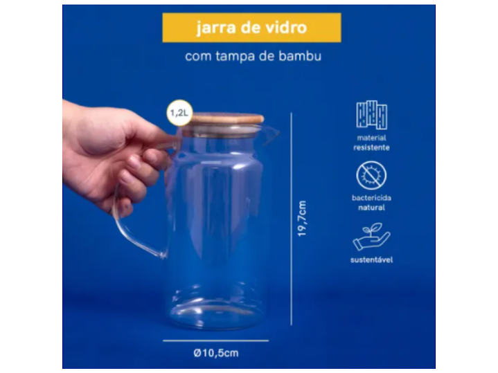 Ver imagem 4 de JARRA DE VIDRO BOROSSILICATO C/ TAMPA DE BAMBU E INOX 1,2L