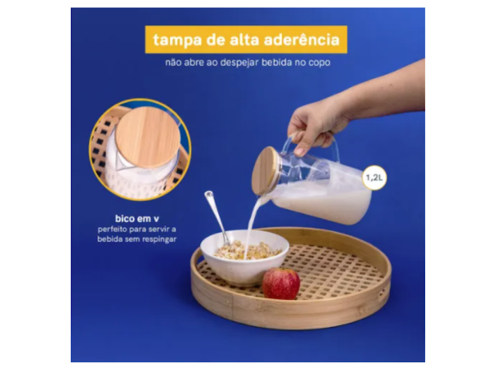 Ver imagem 2 de JARRA DE VIDRO BOROSSILICATO C/ TAMPA DE BAMBU E INOX 1,2L