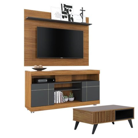 Rack Bancada Yara e Painel para Tv Suspenso Maia com Mesa de Centro Jeri Noce Milano Preto Acetinado