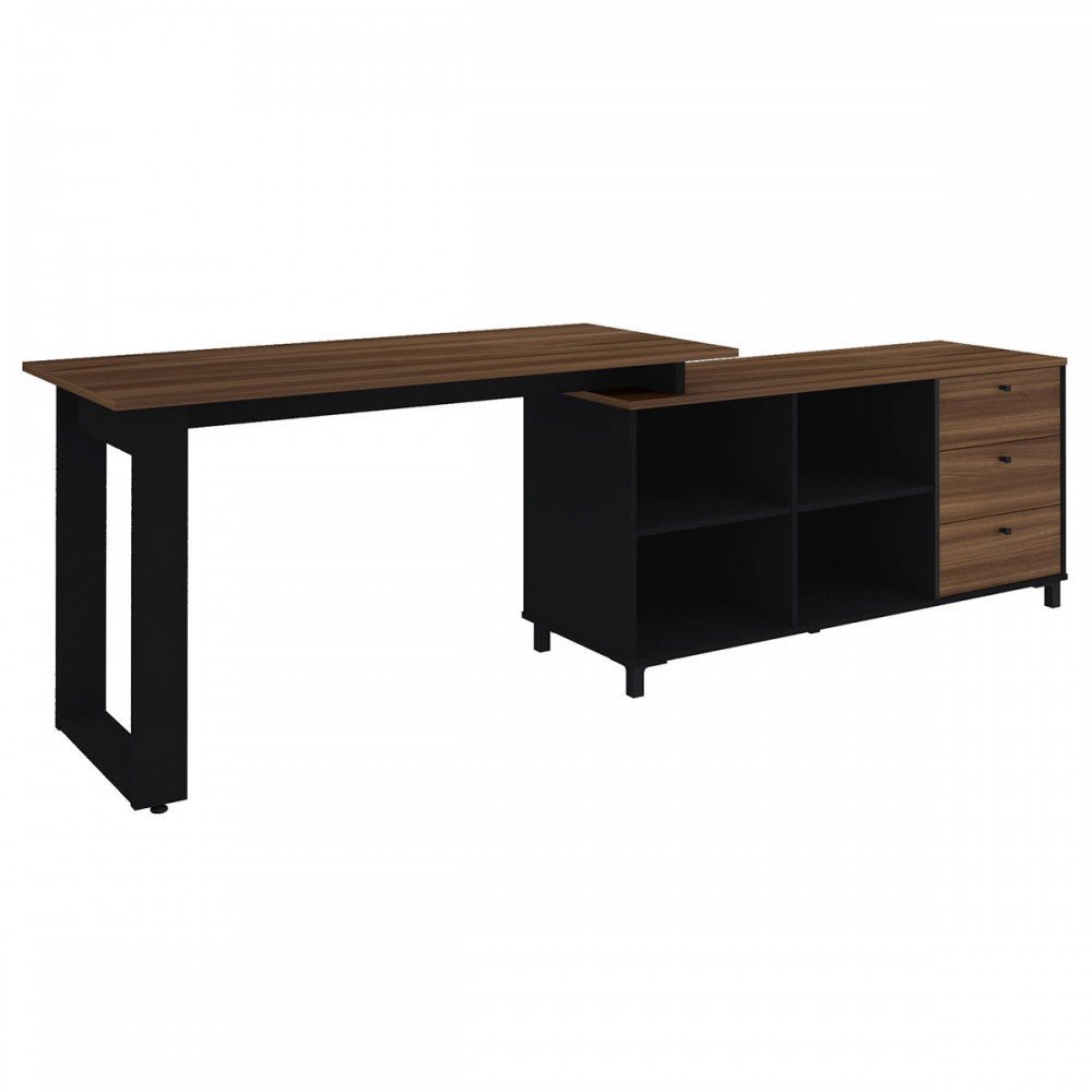 Mesa para Escritório Next 3 Gavetas 2 Prateleiras Ipê/preto - Artany Móveis - 3