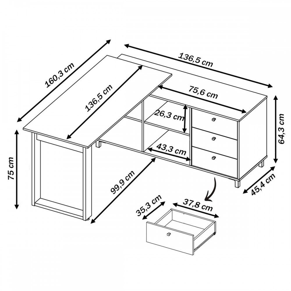 Mesa para Escritório Next 3 Gavetas 2 Prateleiras Ipê/preto - Artany Móveis - 4