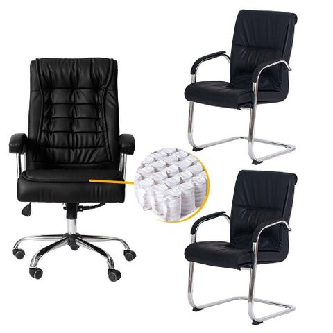 Kit Cadeiras de Escritório, 1 Cadeira Presidente Munique Big + 2 Fixas Preta - Waw Design