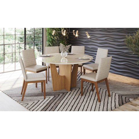 Conjunto Mesa de Jantar Vértice Redonda com Vidro e 6 Cadeiras Elena Henn - Nature/off White/linho