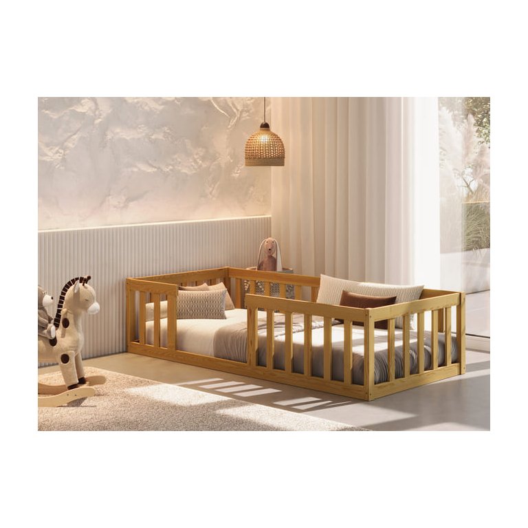 Cama Montessoria Solteiro Nemargi Madeira Maciça com Grade Nogueira