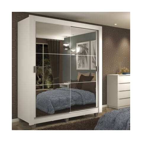 Guarda-Roupa Solteiro Madesa Dallas 2 Portas de Correr de Espelho 2 Gavetas com Pés Branco Cor:Branc