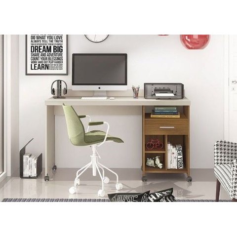 Mesa de Computador Escrivaninha Office Rodízios Gaveta e Nichos Slim:Off White/Freijó