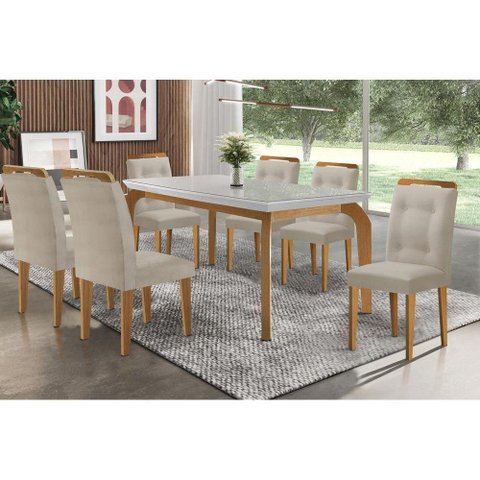 Conjunto: Mesa Sala Jantar Londrina Tampo Madeirado c/ Vidro 180cm + 6 Cadeiras Imperatriz Imbuia/