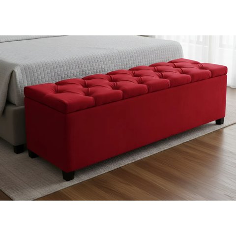 Puf Baú Recamier Estofado Casal Cor Vermelho 140x40x45cm Tecido em Veludo Suede Liso - Alta Qualidad