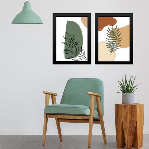 Kit 2 Quadros Estilo Boho Folhas Verdes 24x18cm - com Vidro:madeira Branca