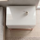 Ver imagem 2 de Mesa Cabeceira Eros 60cm 2 Gavetas MDF Branco Estilo Industrial Pés de Ferro Cobre